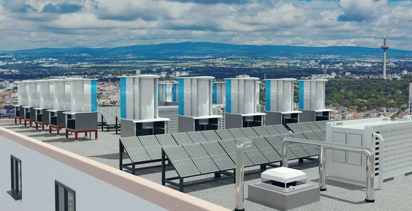 Installation Von Solarzellen Und Windkraftanlagen Mit Batteriespeicher Auf Dem Dach — Stockfoto