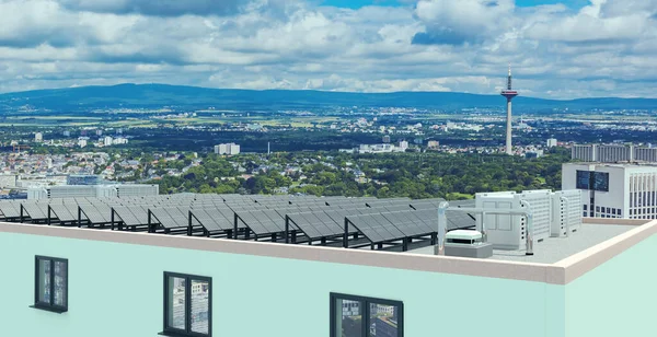 太阳能电池板安装 蓄电池储存在高层建筑的屋顶上 3D说明 — 图库照片