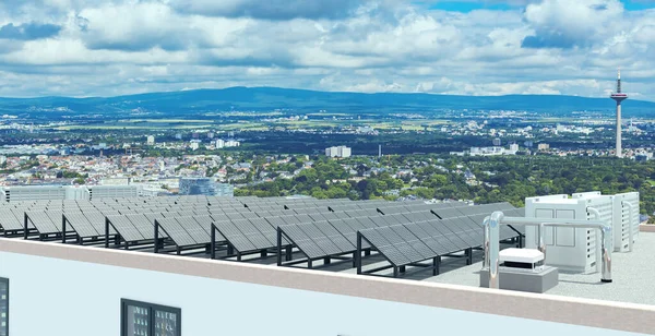 太阳能电池板安装 蓄电池储存在高层建筑的屋顶上 3D说明 — 图库照片
