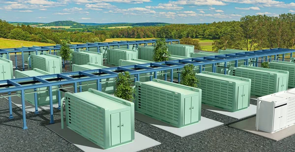 A modern battery storage in the nature, 3D illustration