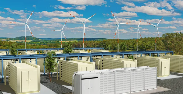 A modern battery storage and wind turbines in the nature, 3D illustration