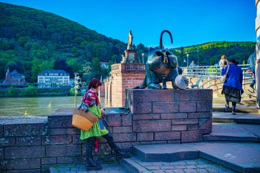 HEIDELBERG, BADEN-WUERTTEMBERG, ALMANY - CIRCA MAYIS 2023: The Brueckenaffe bei Alter Bruecke, Heidelberg Town, Almanya.