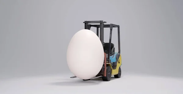 带有叉车和鸡蛋的小心运输和货物的象征性图片 3D渲染 — 图库照片