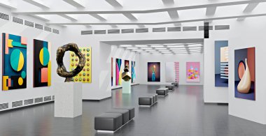 Tuvali ve plastiği olan bir sanat galerisi, 3 boyutlu resimleme