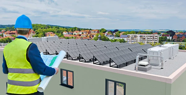 Solar Power Panels Installation Battery Storage Roof High Rise Building — Stock Photo, Image
