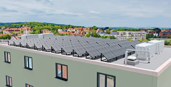 Instalación Paneles Energía Solar Con Almacenamiento Batería Techo Edificio Gran —  Fotos de Stock