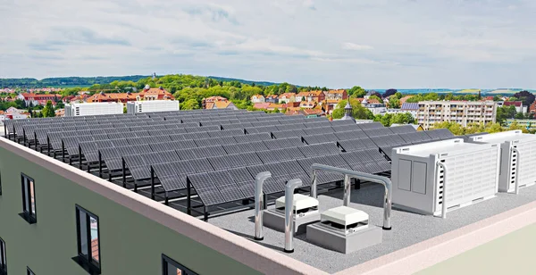 Instalación Paneles Energía Solar Con Almacenamiento Batería Techo Edificio Gran —  Fotos de Stock