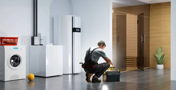 一个供私人家庭使用的现代空气 水热泵供热系统 3D说明 — 图库照片