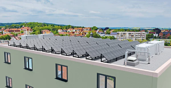 Instalação Painéis Energia Solar Com Armazenamento Bateria Telhado Edifício Alto Fotos De Bancos De Imagens
