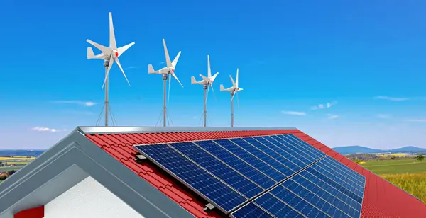 Pequenas Turbinas Eólicas Painéis Energia Solar Telhado Uma Casa Particular Imagens De Bancos De Imagens