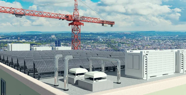 Instalação Painéis Energia Solar Com Armazenamento Bateria Telhado Edifício Alto — Fotografia de Stock
