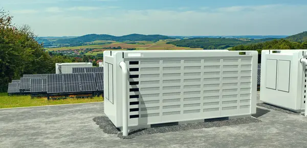 Solarfield Moderno Con Almacenamiento Baterías Naturaleza —  Fotos de Stock