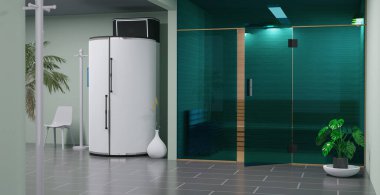 cryosauna odası ya da kriyoterapi ya da dondurucu dolap, 3 boyutlu illüstrasyon