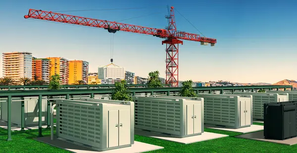 A modern battery storage in the nature, 3D illustration