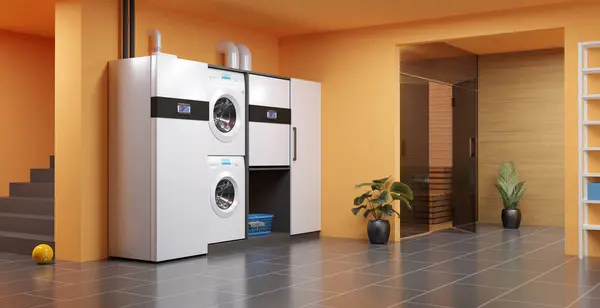 一个供私人家庭使用的现代空气 水热泵供热系统 3D说明 图库照片