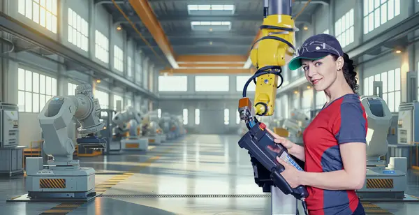 Young Female Technician While Machine Constructing Manufacturing Plant Royalty Free Stock Photos