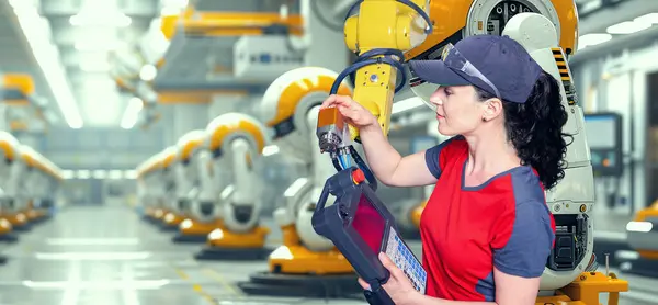 Egy Fiatal Női Technikus Miközben Gépeket Épít Egy Gyárban Stock Kép