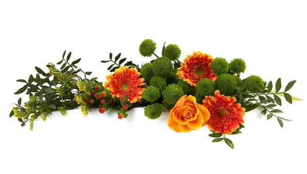 Border of Gerberas, Rose and Green Chrysanthemum isolated on white background. Arrangement of orange flowers and leaves.