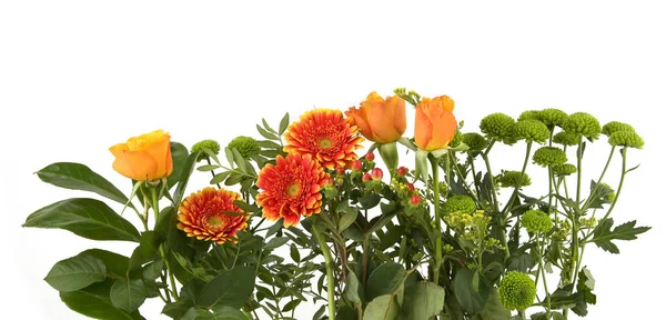 Border Gerberas Roses Green Chrysanthemum Isolated White Background Arrangement Orange — Stock Photo, Image
