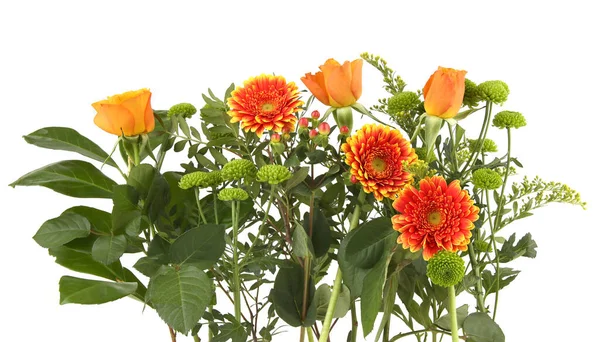 Border Gerberas Roses Green Chrysanthemum Isolated White Background Arrangement Orange — Stock Photo, Image