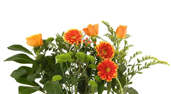 Border of Gerberas, Roses and Green Chrysanthemum isolated on white background. Arrangement of orange flowers and leaves.