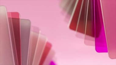 Şeffaf, pembe ve kırmızı plastik kartların hayranı. Plastik. Pembe arka plan. Eklentiler. 3D animasyon. Yüksek kalite 4k görüntü