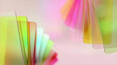 Köşelerde renkli kartlar gösteriliyor. Kart hayranı. Yerleştir. Yeşil, pembe, şeffaf renk. 3D animasyon. Yüksek kalite 4k görüntü