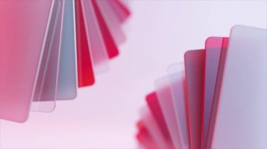 Şeffaf, pembe ve kırmızı plastik kartların hayranı. Plastik. Pembe arka plan. Eklentiler. 3D animasyon. Yüksek kalite 4k görüntü