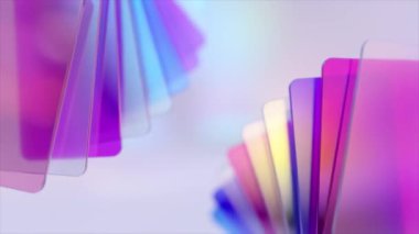  Köşelerde renkli kartlar gösteriliyor. Gradyan. Kart hayranı. Yerleştir. Mavi, mor, şeffaf renk. 3D animasyon. Yüksek kalite 4k görüntü