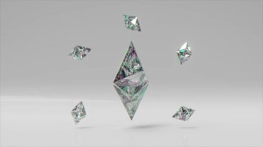 Küçük Ethereum 'larla çevrili büyük bir elmas gökyüzü dönüyor. Logo. Kripto para birimi. Kusursuz döngünün 3 boyutlu animasyonu. Yüksek kalite 4k görüntü