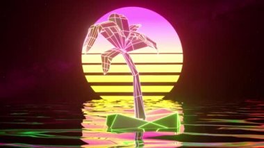 Geçmişinde neon palmiye ağacı var. Su yüzeyi. Sarı pembe renk. Kusursuz döngünün 3 boyutlu animasyonu. Yüksek kalite 4k görüntü