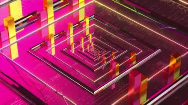 Soyut kavram. Kare çip. Platform. Dikdörtgenler. Pembe sarı renk. Kusursuz döngünün 3 boyutlu animasyonu. Yüksek kalite 4k görüntü