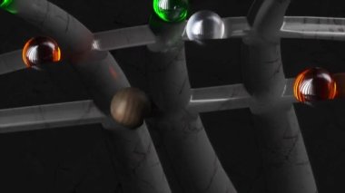 Koyu mermer labirentte renkli toplar yuvarlanıyor. Beyaz, kahverengi, yeşil, turuncu küre. Kusursuz döngünün 3 boyutlu animasyonu. Yüksek kalite 4k görüntü