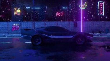 Gelecekteki teknolojiler kavramı. Mavi spor araba elmasa dönüşüyor. Gece şehri. Neon ışığı. 3D animasyon. Yüksek kalite 4k görüntü