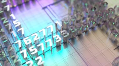  Mikro devre şeklinde bitcoin logosu. Şifreli para transferleri. Engelleme zinciri. Gri mavi renk. 3D animasyon. Yüksek kalite 4k görüntü