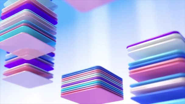 Kolorowe Abstrakcyjne Karty Obracane Układane Stosy Błyszczące Płaskie Obiekty Kwadratowe — Wideo stockowe