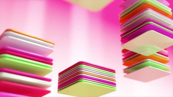 Abstrakte Farbige Quadratische Flache Objekte Werden Stapeln Gesammelt Rosa Weiss — Stockvideo
