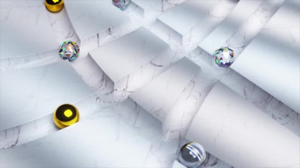 Diamante Ouro Bolas Vidro Rolar Através Labirinto Mármore Branco Animação — Vídeo de Stock