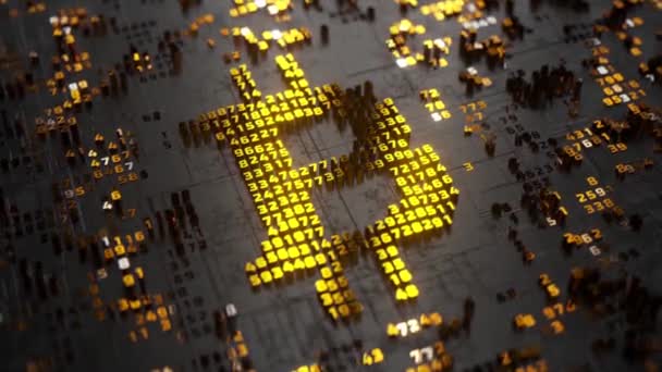 Bitcoin Logó Mikroáramkör Formájában Kriptovaluta Tranzakciók Blokkoló Lánc Fekete Arany — Stock videók