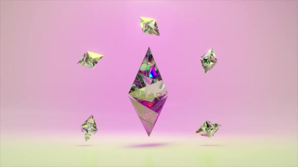 Большой Бриллиант Эфириум Вращается Окружении Маленьких Эфириумов Логотип Криптовалюта Розовый — стоковое видео