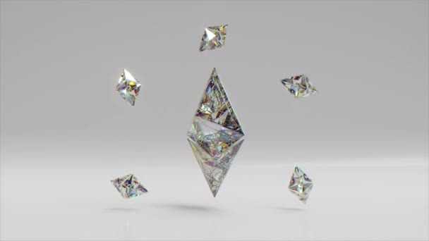Large Diamond Ethereum Rotates Surrounded Small Ethereums Logo Cryptocurrency Animation — Stock Video