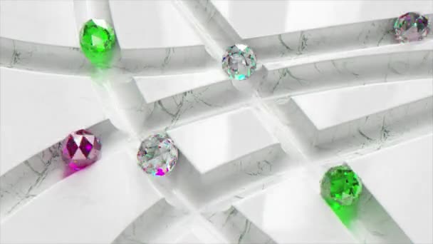 白い大理石の迷路に色のついたダイヤモンドボールが転がります 緑色の紫色の球 シームレスループの3Dアニメーション 高品質4K映像 — ストック動画