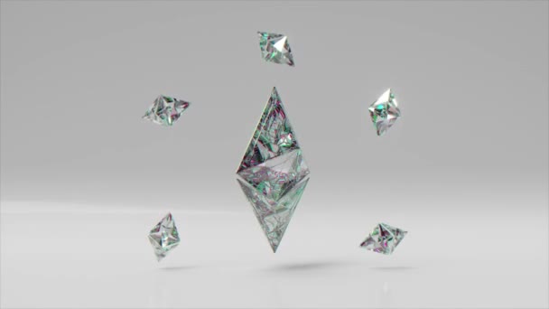 Grande Diamante Ethereum Gira Cercado Por Pequenos Ethereums Logotipo Criptomoeda — Vídeo de Stock