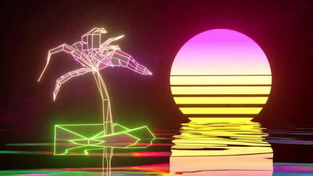 Neon Palmboom Een Retro Achtergrond Wateroppervlak Gele Roze Kleur Animatie — Stockvideo