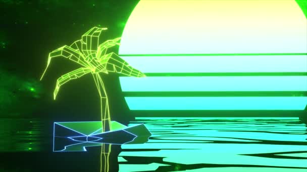 Retro Futuristischer Hintergrund Neonpalme Und Sonnenuntergang Meer Grünblaue Farbe Animation — Stockvideo