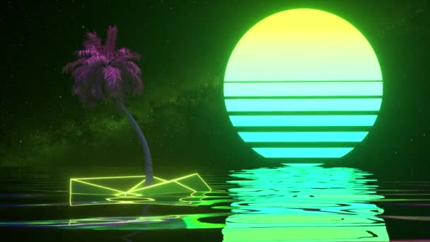 Retro Futurystyczne Tło Palma Neonowy Zachód Słońca Oceanie Zielony Niebieski — Wideo stockowe
