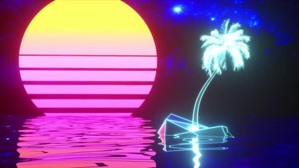 Palma Neonowa Tle Retro Powierzchnia Wody Niebieski Różowy Kolor Animacja — Wideo stockowe