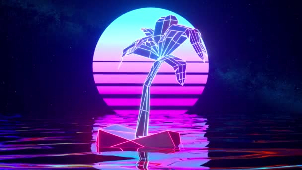 Neon Pálmafa Retro Háttérrel Vízfelszín Kék Rózsaszín Szín Animáció Zökkenőmentes — Stock videók