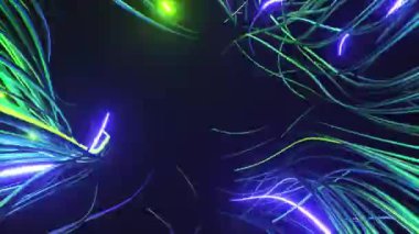 Kablolar siyah bir arkaplanda dalgalar halinde hareket eder. Neon ışıkları yanıp sönüyor. Yeşil mavi renk. Kusursuz döngünün 3 boyutlu animasyonu. Yüksek kalite 4k görüntü