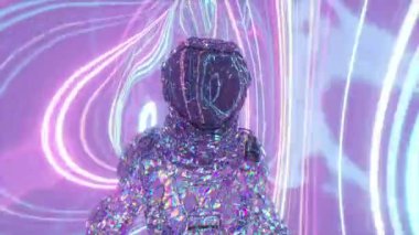 Elmas takım elbiseli bir astronot pembe ve mavi parlak neon çizgilerin arkaplanına karşı yürür. 3D animasyon. Yüksek kalite 4k görüntü